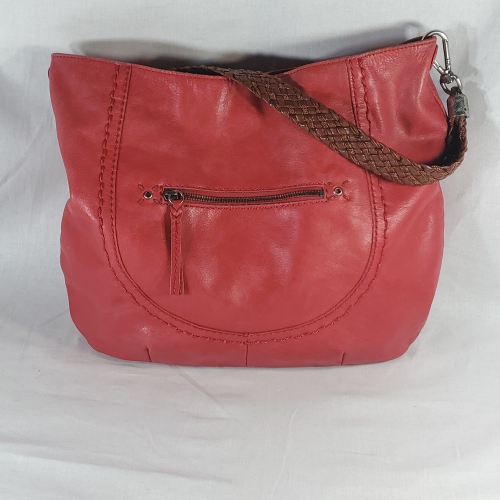 Vntg Style The Sak Red Leather Shoulder Bag With Woven Strap & Colorful Interior